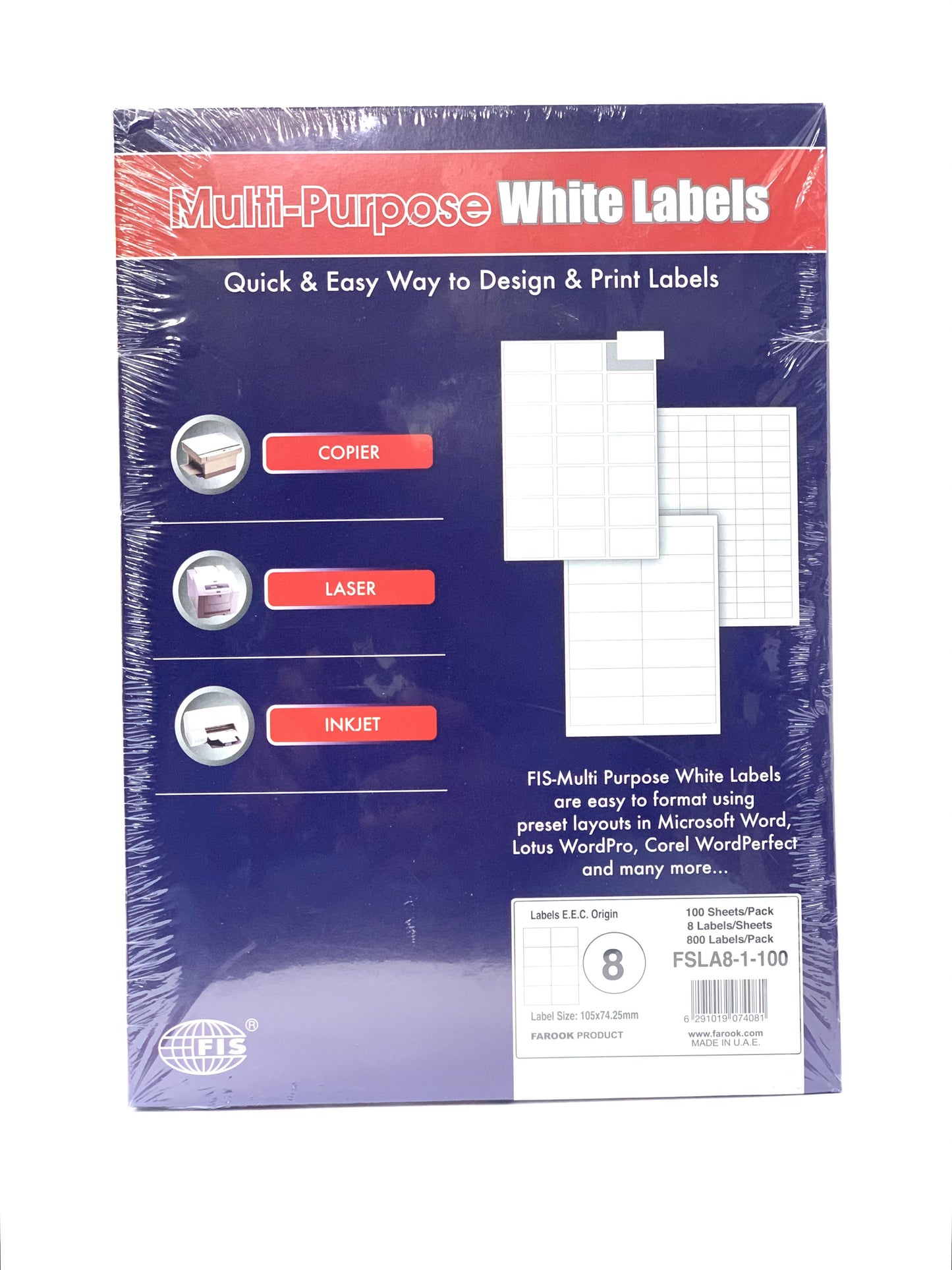FIS Multipurpose Laser Labels, Colour White (8CUT ) A4 SIZE