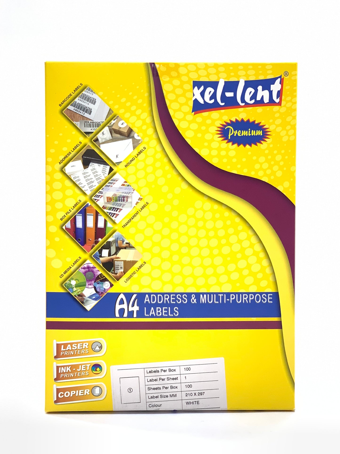 xel-lent 1 label/sheet, straight corners, A4, 210 x 297 mm, 100 sheets/pack