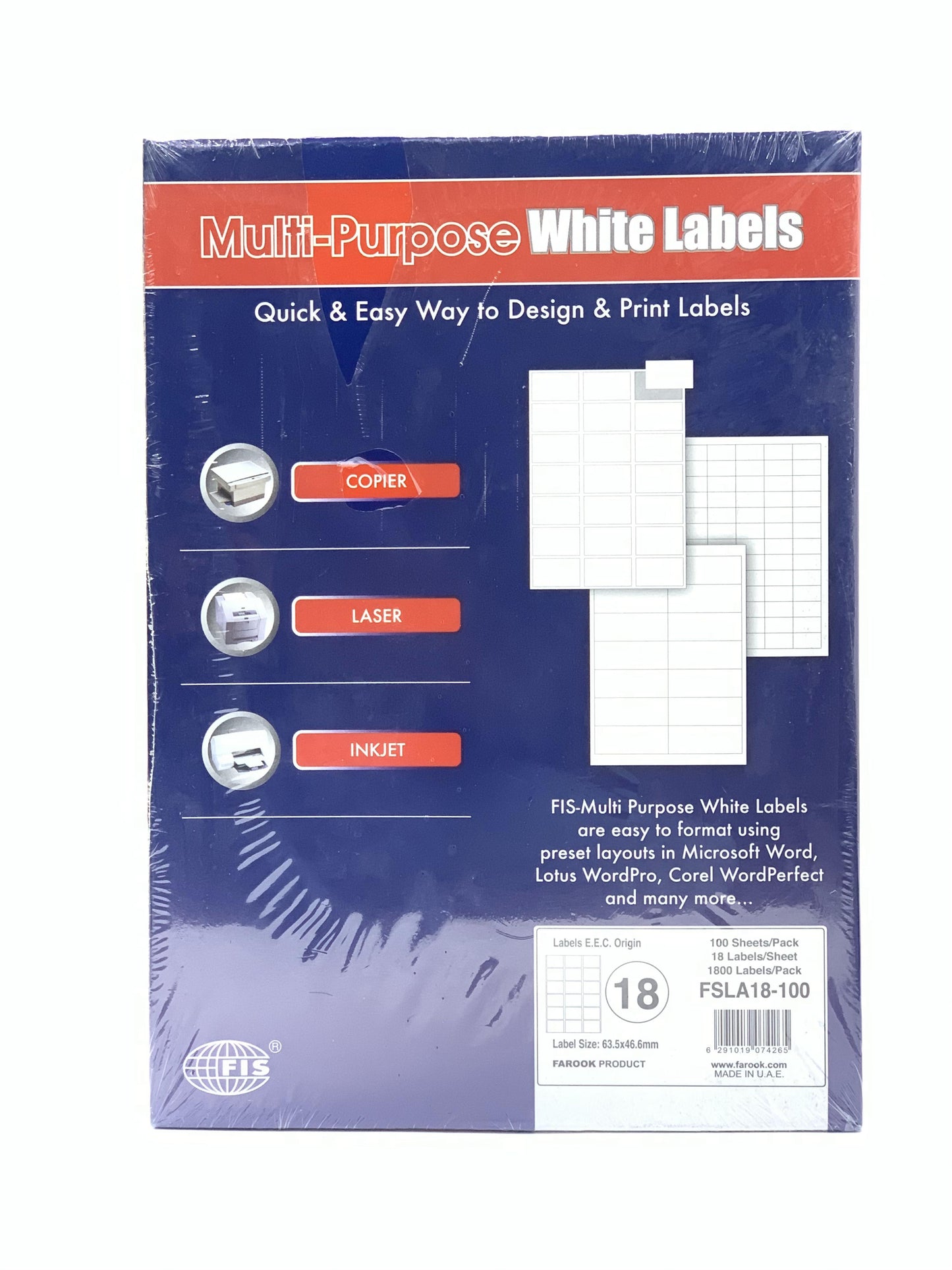 FIS Multipurpose Laser Labels, Colour White, Size 52.5X29.7mm (18 Stickers x 100 Sheet) A4 Size, E.U. Origin Material - FSLA40-100