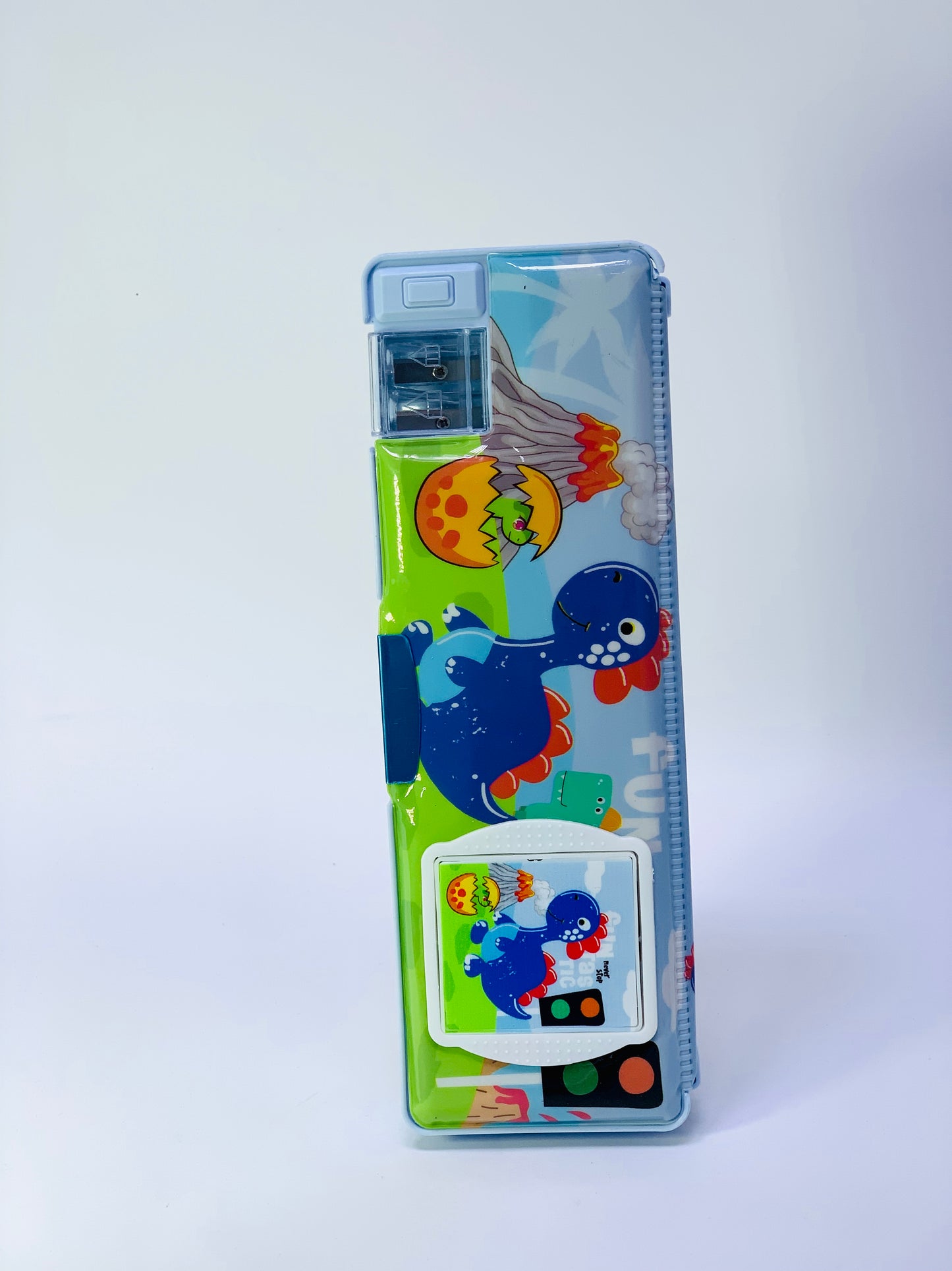 BLUE DINOSAUR PENCIL CASE CALCULATOR WITH SHARPENER