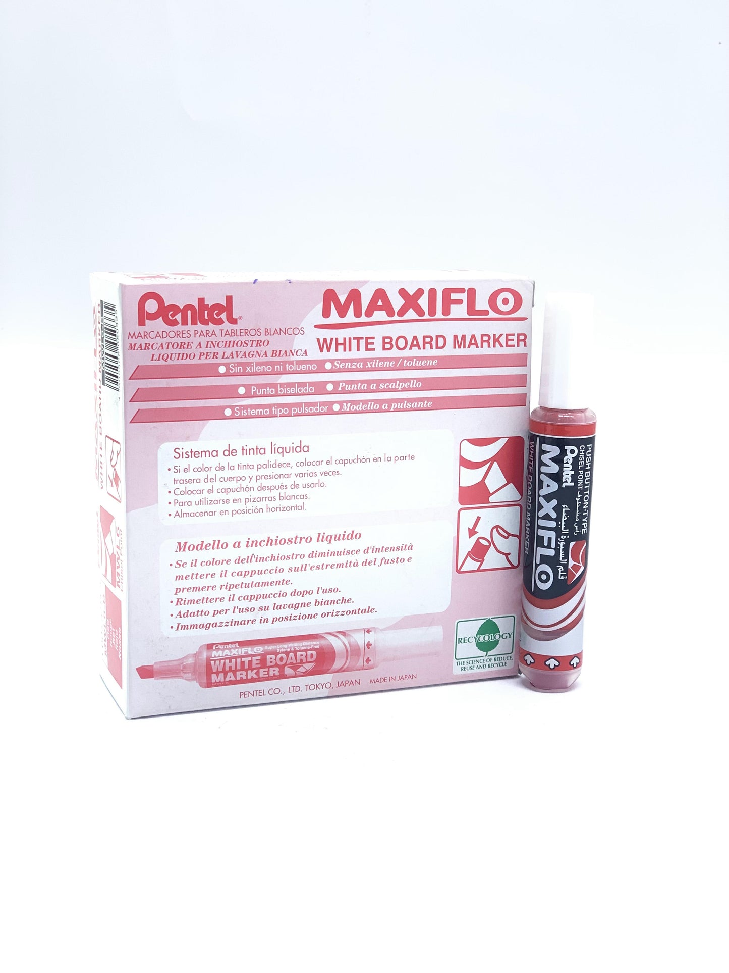 PENTAL MAXIFLO WHITE BOARD MARKER 1X12 RED