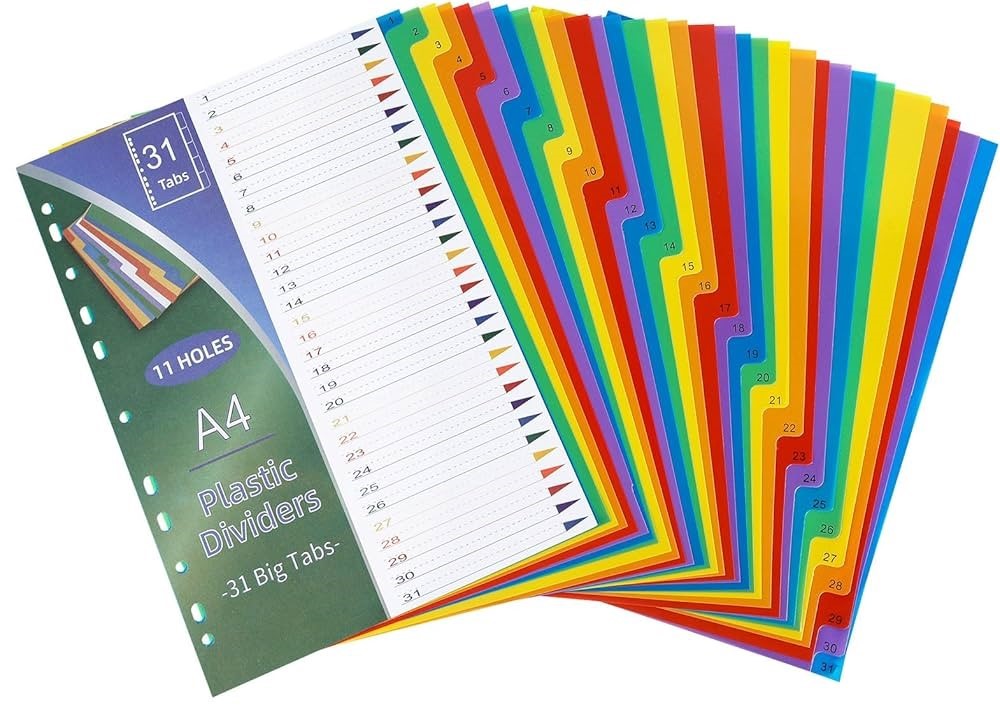 4 Binder Dividers Multi Colours 1-31 Number for Lever Arch Files, 10 Pack, A4 File Dividers Multipurpose Index Dividers