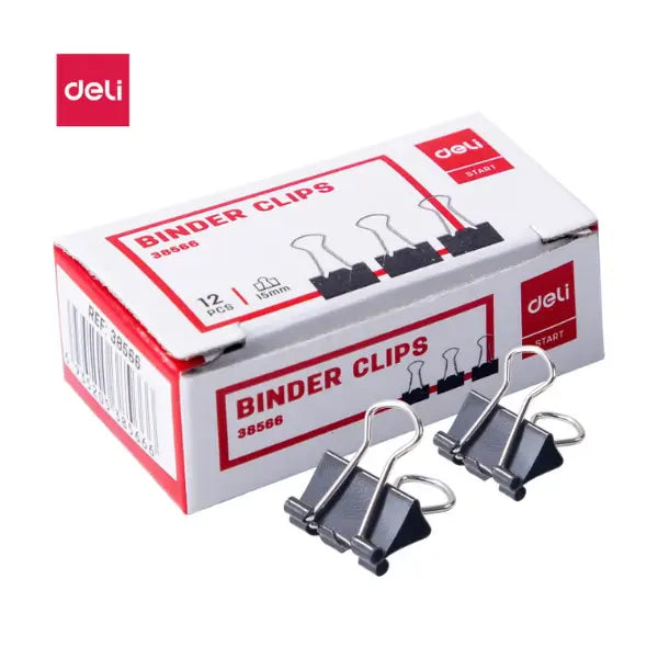 Deli E38566 Binder Clips 15mm – Black, Rust-Resistant 12 pack