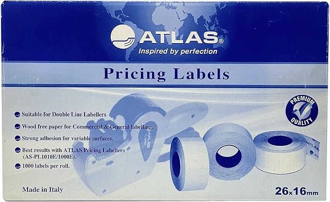 Atlas Two-line print White Pricing Labels Box of 36 (36,000 Labels) for 2 Line Price and Date Machine.