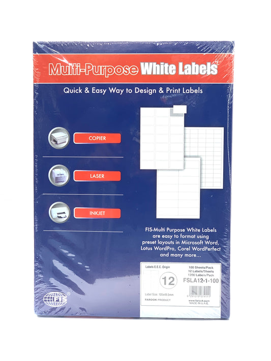 FIS Multipurpose Laser Labels, Colour White, Size 70X35MM (12 Stickers x 100 Sheet) A4 Size, E.U. Origin Material