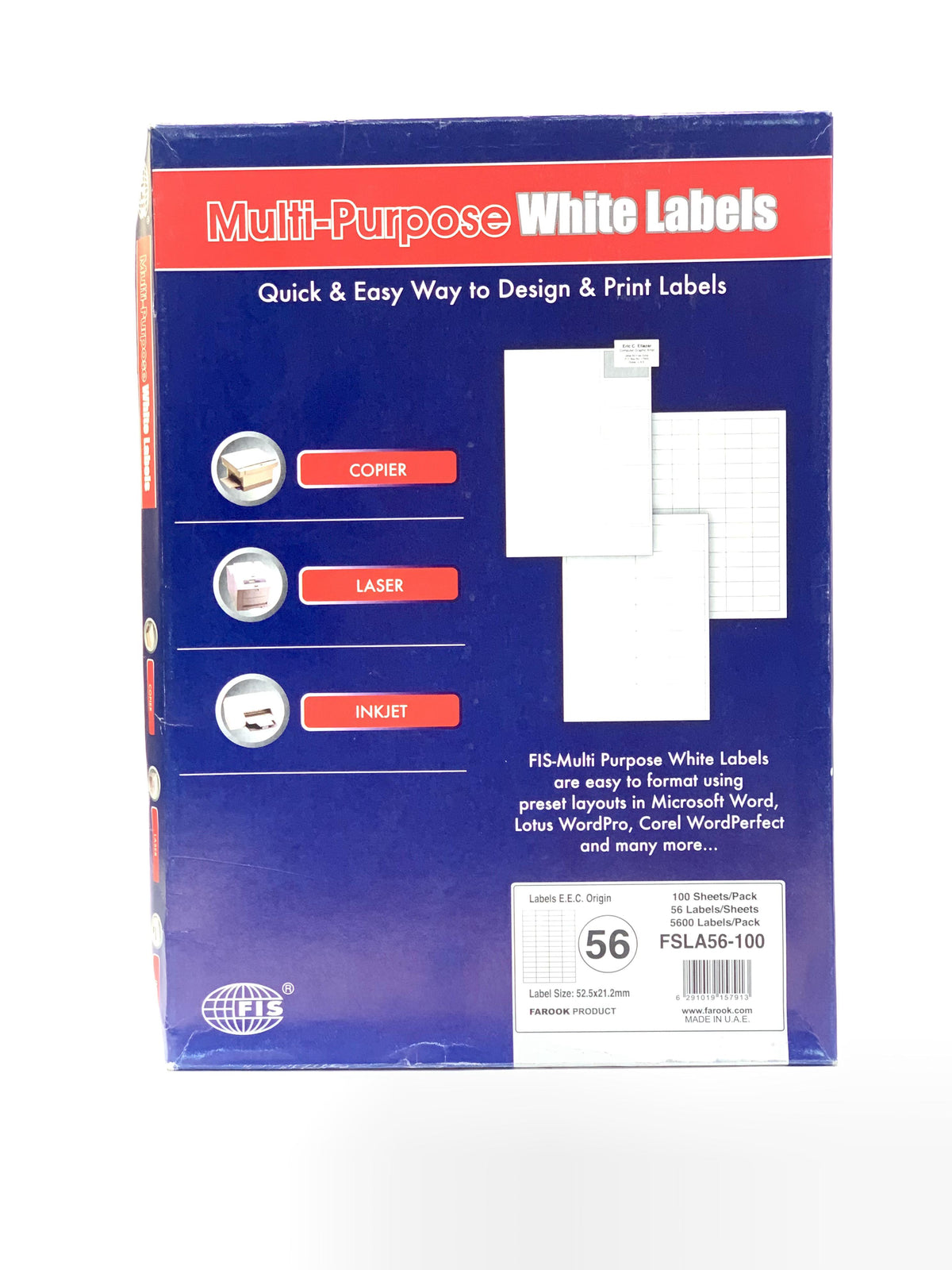 FIS Multipurpose Laser Labels, Colour White, Size 70X35MM (56 Stickers x 100 Sheet)