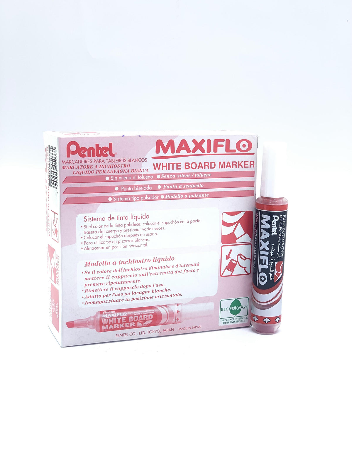 PENTAL MAXIFLO WHITE BOARD MARKER 1X12 RED