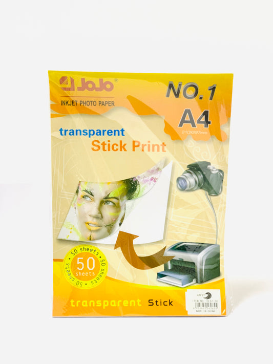 JOJO INK JET PHOTO  PAPER TRANSPARENT STICK 50 SHEETS A4 SIZE