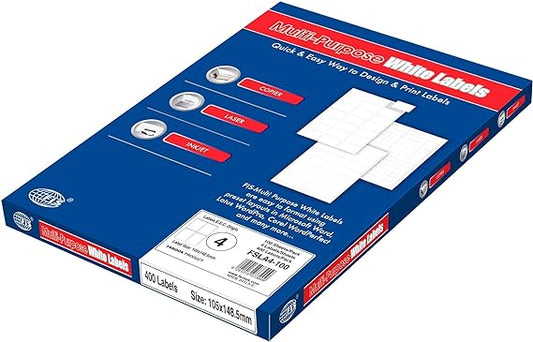 FIS Multipurpose Laser Labels, Colour White, Size 105X148.5MM (4 Stickers x 100 Sheet) A4 Size, E.U. Origin Material - FSLA4-100