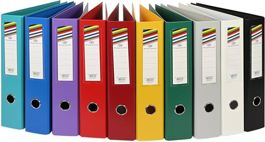 FIS® PP Box Files, Foolscap Size(210x330mm), 8cm Spine Size, Fixed Mechanism with Spine PVC Clear Pocket, Box of 10 Pieces, Assorted Color-FSBFPPASSTF10