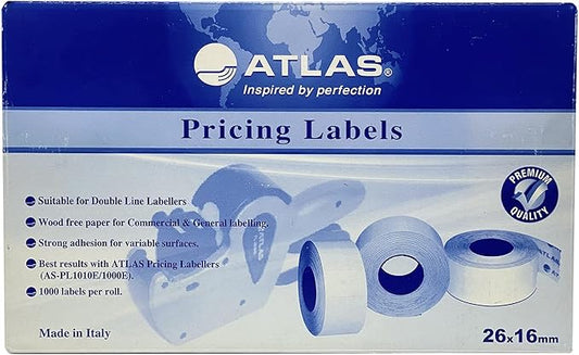Atlas Two-line print White Pricing Labels Box of 36 (36,000 Labels) for 2 Line Price and Date Machine.