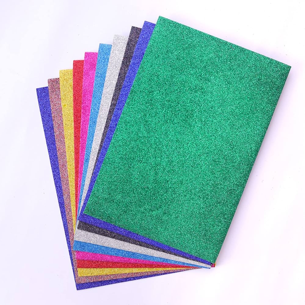 Craft Villa Eva Foam Glitter Sheet Size-30x40 cm(Pack Of 10 Pcs) Assorted Colors Eva Foam With Sparkling Glitter.