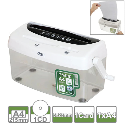 Deli Office Series Hand-Cranked A4 / CD / Card Desktop Paper Shredder, Waste-Bin